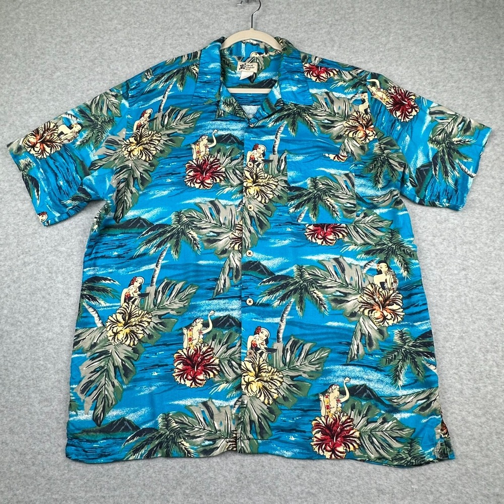 VTG Cherokee Waikiki Wear Hawaiian Shirt L Hula Girls Surfer Beach Short Sleeve